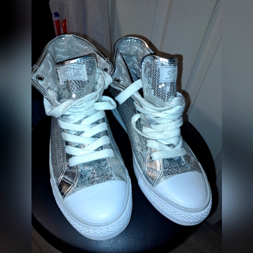 Gotta Flurt Women’s Silver Sequin Disco 2 Hi Top Sneakers Size 9